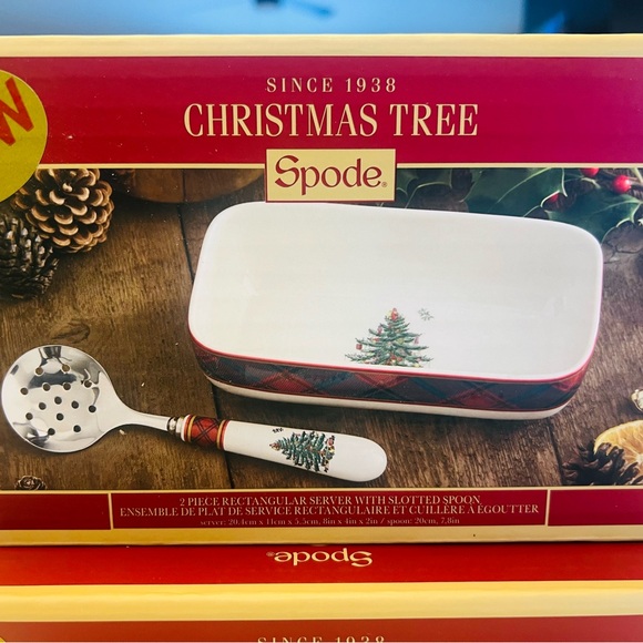 Spode Christmas Tree Tartan serving dish with a slotted spoon Set Of 2 - Picture 6 of 6